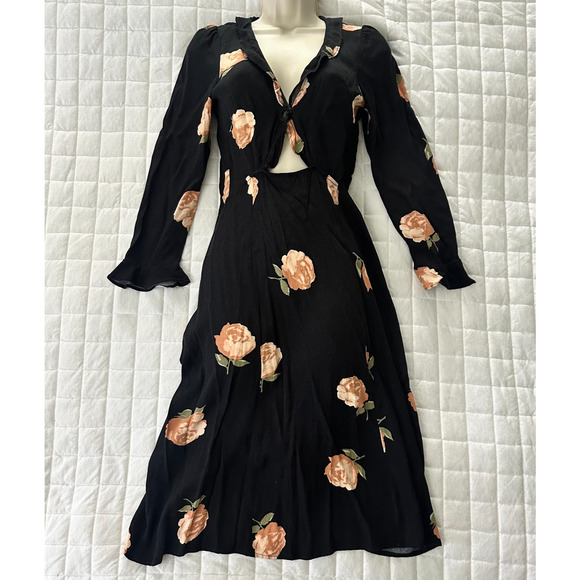 REFORMATION Womens Dress 2 Black Floral Heidi Midi Cut Out Long Sleeve Feminine - Picture 1 of 10